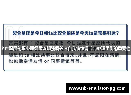 老詹深度剖析心理健康议题强调关注自我情绪调节与心理平衡的重要性 老詹深度剖析心理健康议题强调关注自我情绪调节与心理平衡的重要性