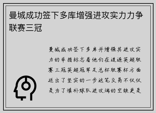 曼城成功签下多库增强进攻实力力争联赛三冠